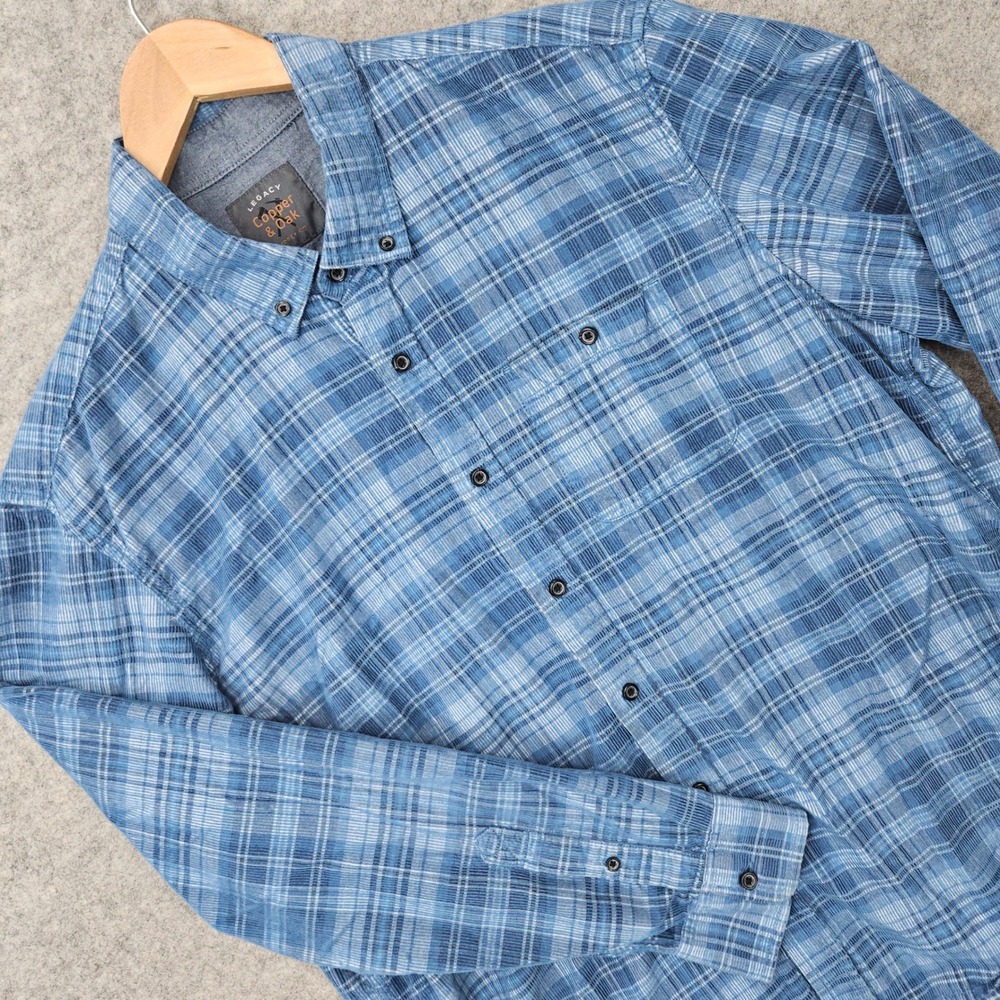 Copper & Oak Button Down Shirt Men's XL Blue Plaid Long Sleeve Cotton Corduroy